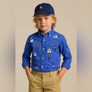 Ralph Lauren Icon-Print Oxford Shirt Boys 7 Polo Bear Tennis 100% Cotton